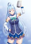  alcohol aqua_(konosuba) aqua_bow arm_up armpits bare_shoulders beer blue_background blue_eyes blue_hair blue_legwear blue_skirt blue_vest blush bow cowboy_shot cup dated detached_sleeves eyebrows_visible_through_hair frills gradient gradient_background hair_rings hand_on_hip heart holding holding_cup kono_subarashii_sekai_ni_shukufuku_wo! layered_skirt long_hair long_sleeves looking_at_viewer midriff miyai_sen neck_garter school_uniform serafuku skirt thighhighs v-shaped_eyebrows very_long_hair vest white_sleeves zettai_ryouiki 