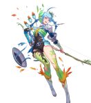  1girl ahoge armor arrow blue_eyes blue_hair boots bow bow_(weapon) bowtie earrings feathers fire_emblem fire_emblem_heroes flower full_body gen&#039;ei_ibunroku_sharp_fe gloves hair_ornament highres jewelry kakage leaf official_art open_mouth quiver solo teeth thighhighs torn_clothes transparent_background weapon yumizuru_eleanora 