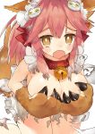  1girl absurdres animal_ear_fluff animal_ears apron bangs bare_shoulders bell bell_collar blush blush_stickers bow breast_hold breasts cat_hair_ornament cat_paws claws collar fang fate/extra fate/grand_order fate_(series) fox_ears fox_girl fox_tail gloves hair_bow hair_ornament highres jingle_bell kneeling large_breasts leaning_forward long_hair looking_at_viewer naked_apron niseneko_(mofumofu_ga_ienai) open_mouth paw_gloves paws pink_hair ponytail red_bow sidelocks simple_background solo tail tamamo_(fate)_(all) tamamo_cat_(fate) thighs torn_apron white_background yellow_eyes 