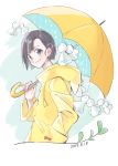  1boy amano_nagi bangs black_hair blue_eyes dated hand_in_pocket highres hood hood_down miyako1135u parted_bangs raincoat smirk solo standing tenki_no_ko teruterubouzu umbrella white_background yellow_umbrella 