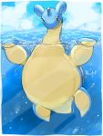  2020 ambiguous_gender belly big_belly blue_body blue_eyes blue_skin digital_media_(artwork) feral hi_res horn lapras looking_at_viewer marine nintendo on_glass outside partially_submerged po_chf pok&eacute;mon pok&eacute;mon_(species) signature solo sparkles video_games water 