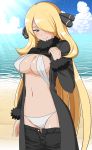  1girl beach bikini bikini_under_clothes black_coat black_eyes black_pants blonde_hair blush breasts cleavage closed_mouth cloud coat commentary_request cowboy_shot error fur-trimmed_sleeves fur_collar fur_trim hair_ornament hair_over_one_eye highres horizon kayama_kenji large_breasts light_rays long_hair long_sleeves looking_at_viewer navel ocean open_clothes open_coat open_fly open_pants pants pokemon pokemon_(game) pokemon_dppt sand seductive_smile shirona_(pokemon) smile solo stomach straight_hair sunbeam sunlight swimsuit unzipped very_long_hair water white_bikini 