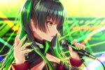  1girl bangs black_hair blurry blurry_background blush breasts brown_eyes cleavage commentary_request depth_of_field eyebrows_visible_through_hair fingernails green_hair green_nails hands_up holding holding_microphone idolmaster idolmaster_shiny_colors long_hair long_sleeves looking_away mayuzumi_fuyuko medium_breasts microphone multicolored_hair nail_polish parted_lips profile solo strapless translation_request two-tone_hair two_side_up upper_body v-shaped_eyebrows yunagi_amane 