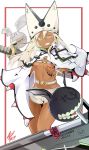  1girl absurdres beltbra breasts cape commentary dark_skin frip_site fripside guilty_gear guilty_gear_xrd hat highres long_hair looking_at_viewer navel orange_eyes ramlethal_valentine short_shorts shorts smile teeth thigh_strap underboob white_hair 