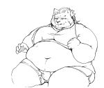  anthro aretna belly big_belly black_and_white bodily_fluids chubby_cheeks clothed clothing ear_piercing facial_scar felid fur hair hi_res male mammal midriff monochrome moobs navel obese obese_male overweight overweight_male piercing scar simple_background sitting solo sweat sweatdrop thick_thighs tight_clothing white_background 