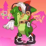 1:1 2019 absurd_res anthro belt biped boots bracelet cassette_tape chain clothing crocodile crocodilian crocodylid dancing eyes_closed fangs footwear gloves gold_necklace green_body green_scales handwear headphones hi_res jewelry male musical_note perfectlynormal reptile scales scalie sega solo sonic_the_hedgehog_(series) standing vector_the_crocodile video_games 