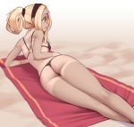  1girl arm_support ass beach_towel bikini black_bikini black_hairband blonde_hair blush breasts dark_skin english_commentary feet_out_of_frame gravity_daze hairband highres kitten_(gravity_daze) kneepits legs legs_together looking_to_the_side lying medium_breasts medium_hair nickleflick o-ring o-ring_bikini o-ring_top on_side ponytail red_eyes red_towel sand shiny shiny_hair sidelocks solo swimsuit tan tanline towel 