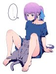  ... 1girl barefoot blue_dress breasts cat commentary_request dress highres original ponytail purple_eyes purple_hair simple_background small_breasts solo ume_(yume_uta_da) white_background 