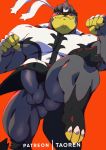  abs balls biceps black_body black_fur butt clothing_lift digital_media_(artwork) erection fangs fingers fur genitals half-closed_eyes humanoid_penis legendary_pok&eacute;mon looking_at_viewer male muscular muscular_male narrowed_eyes nintendo pecs penis pok&eacute;mon pok&eacute;mon_(species) simple_background smile solo taoren urshifu video_games white_body white_fur 