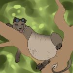  1:1 2015 4_toes absurd_res belly big_belly black_claws black_nose blep blurred_background branch brown_body brown_fur claws digital_drawing_(artwork) digital_media_(artwork) english_text eyes_closed eyewear felid female feral fur goggles grey_body grey_fur hi_res lion lying mammal mostly_nude on_branch on_front on_tree oral_vore outside pantherine pawpads paws pippuri quadruped relaxing rumbling_stomach side_view smile soft_vore solo sound_effects tail_tuft text toes tongue tongue_out tree tuft unseen_character vore 