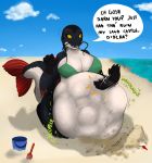  2017 abdominal_bulge absurd_res anthro beach belly big_belly big_breasts bikini breasts catfish clothing dialogue digestion english_text female female_pred fish gila_(pippuri) hi_res marine oral_vore pippuri rumbling_stomach seaside solo swimwear text vore 
