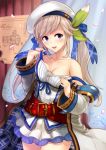  1girl :d bangs bare_shoulders belt beret blonde_hair blue_eyes blush bow breasts cleavage collarbone cucouroux_(granblue_fantasy) detached_sleeves diagram granblue_fantasy hair_bow hair_ribbon hat highres indoors long_hair looking_at_viewer medium_breasts open_mouth ribbon satoshiki skirt smile solo twintails white_skirt 