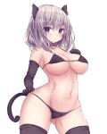  :&lt; animal_ear_fluff animal_ears bell bell_collar bikini black_gloves black_legwear breasts cat_ears cat_tail cleavage collar commentary_request cowboy_shot elbow_gloves eyebrows_visible_through_hair gloves highres large_breasts lavender_hair navel original purple_eyes short_hair swimsuit tail thighhighs white_background yu-kinouhasu 