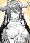  1girl antenna_hair bandaged_arm bandages blush breasts danua draph granblue_fantasy hair_between_eyes horn_ornament horns jewelry large_breasts long_hair looking_at_viewer mushi024 necklace pointy_ears puppet smile solo stuffed_toy 