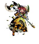  1girl armor armored_boots axe boots bow braid brown_eyes crying fire_emblem fire_emblem_heroes full_body gen&#039;ei_ibunroku_sharp_fe gloves helmet highres himukai_yuuji long_hair minamoto_mamori official_art open_mouth teeth torn_clothes transparent_background twin_braids 