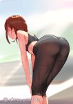  1girl akisa_(12023648) ass bare_shoulders bent_over black_pants blurry blurry_background commentary_request day depth_of_field from_behind hands_on_own_knees original outdoors pants red_hair short_hair solo sports_bra sweat tight tight_pants twitter_username wet yoga_pants 