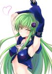  1girl arms_up bangs blush breasts c.c. closed_mouth code_geass cosplay covered_nipples crop_top detached_sleeves eyebrows_visible_through_hair fingerless_gloves gloves green_hair hair_between_eyes hair_ornament heart highres kurosaki_mea kurosaki_mea_(cosplay) long_hair looking_at_viewer medium_breasts navel parted_lips sidelocks simple_background solo to_love-ru to_love-ru_darkness upper_body very_long_hair white_background yellow_eyes yggdra0714 