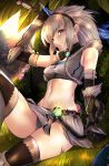  1girl bandeau elbow_gloves fur_trim gloves hairband highres horn kirin_(armor) loincloth midriff monster_hunter monster_hunter:_world red_eyes shumiao strapless thighhighs thighs tubetop white_hair 