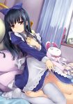  alarm_clock bangs black_hair blue_bow book bow brown_eyes character_request clock curtains dress dress_lift hair_bow hand_up hourou_musuko indoors long_hair long_sleeves on_bed panties pillow single_thighhigh solo stuffed_animal stuffed_bunny stuffed_toy thighhighs underwear white_legwear white_panties window yamai 