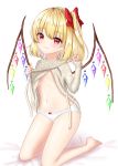  1girl absurdres alternate_costume arms_up barefoot blonde_hair blush breasts cameltoe clothes_lift commentary_request eyebrows_visible_through_hair fang fang_out flandre_scarlet hair_between_eyes hair_ribbon head_tilt highres kneeling lace lace-trimmed_panties lifted_by_self looking_at_viewer midriff no_hat no_headwear nyanyanoruru one_side_up panties red_eyes ribbon shiny shiny_hair short_hair simple_background sleeves_past_wrists small_breasts smile solo sweater sweater_lift touhou underwear white_background white_panties wings 