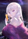  1girl artist_name bare_shoulders cloud cup drink drinking_glass emilia_(re:zero) forest from_side glint gomzi holding holding_cup ice ice_cube long_hair looking_at_viewer looking_to_the_side milky_way nature night night_sky off_shoulder outdoors purple_eyes re:zero_kara_hajimeru_isekai_seikatsu silver_hair sky smile snowflakes solo star_(sky) upper_body 