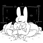  1:1 1_eye ambiguous_gender ambiguous_species anthro barefoot bed bodily_fluids cute_fangs digital_media_(artwork) duo eyeless furniture greyscale hug low_res male male/ambiguous monochrome on_bed sailewder simple_background sweat thick_thighs 