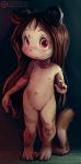  anthro brown_hair cub felid female flat_chested freckles fuf_(character) genitals hair hi_res leopard long_hair mammal nipples nude pantherine patreon pink_nose pussy red_eyes sicmop solo standing young 