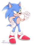  2019 anthro blue_body blue_fur citi-skies clothing eulipotyphlan footwear fur gesture gloves green_eyes grin hand_on_hip handwear hedgehog hi_res male mammal pointing pointing_at_self shoes simple_background smile solo sonic_the_hedgehog sonic_the_hedgehog_(series) sparkles standing white_background 