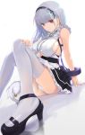  1girl anchor_choker apron ass azur_lane bangs bare_shoulders black_footwear breasts character_doll closed_mouth commentary_request dido_(azur_lane) earrings eyebrows_visible_through_hair eyelashes hairband hand_on_own_knee high_heels highres jewelry knees_up large_breasts long_hair looking_at_viewer nanam_(nanam_sk) panties partial_commentary pink_eyes sideboob silver_hair sitting sleeveless solo thighhighs thighs underboob underboob_cutout underwear waist_apron white_apron white_legwear white_panties 