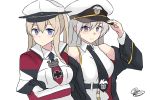  2girls azur_lane belt black_belt black_gloves black_neckwear blonde_hair blue_eyes breasts capelet commentary_request crossed_arms enterprise_(azur_lane) gloves graf_zeppelin_(kantai_collection) grey_hair hat highres iron_cross kantai_collection large_breasts long_hair long_sleeves multiple_girls necktie noruren off_shoulder peaked_cap purple_eyes sleeveless twintails underbust 