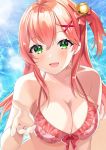  1girl ahoge bangs bare_shoulders bell blush breasts cherry_blossoms cleavage collarbone eyebrows_visible_through_hair green_eyes hair_bell hair_between_eyes hair_ornament hairclip hololive large_breasts light_rays long_hair looking_back motsunuki one_side_up open_mouth outdoors pink_bikini_top pink_hair reaching_out sakura_miko solo swimsuit upper_body virtual_youtuber 