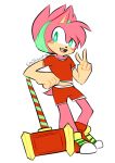  2015 amy_rose anthro bottomwear clothing crossgender eulipotyphlan footwear ftm_crossgender fur gesture green_eyes hedgehog male mammal piko_piko_hammer pink_body pink_fur red_bottomwear red_clothing red_shirt red_shorts red_topwear shirt shoes shorts simple_background smile solo sonic_the_hedgehog_(series) spacecolonie standing topwear v_sign white_background 