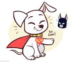  2020 ace_the_bathound canid canine canis cape clothing collar dc_comics domestic_dog english_text eyes_closed fur higglytownhero krypto krypto_the_superdog mammal mask text white_body white_fur 