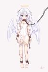  1girl :&lt; absurdres angel angel_wings bandaged_arm bandaged_feet bandaged_head bandaged_leg bandages bandaid bandaid_on_cheek bangs bare_shoulders blush chain collarbone commentary_request cuffs cuts dress eyebrows_visible_through_hair feathered_wings full_body grey_background grey_eyes hair_between_eyes hair_ornament halo highres injury kiri_sakura long_hair original parted_lips signature silver_hair simple_background sleeveless sleeveless_dress solo standing triangle_mouth two_side_up very_long_hair white_dress white_wings wings 