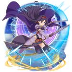  1girl ahoge bangs black_legwear cape dual_wielding faulds floating_hair full_body gauntlets hair_intakes hairband highleg highleg_leotard highres holding holding_sword holding_weapon leotard long_hair long_skirt looking_at_viewer official_art open_mouth purple_cape purple_hair purple_skirt red_eyes red_hairband running shiny shiny_hair shoulder_armor side_slit skirt solo spaulders sword sword_art_online thighhighs transparent_background very_long_hair weapon yuuki_(sao) 