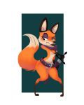  anthro belt black_ears black_eyes black_lips black_nose canid canine featureless_crotch female fox full-length_portrait fur gloves_(marking) hi_res holding_object holding_sword holding_weapon leg_markings lips mammal markings melee_weapon orange_body orange_fur portrait scabbard socks_(marking) sollarian solo sword two_tone_tail weapon 