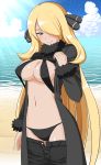  1girl beach bikini bikini_under_clothes black_bikini black_coat black_eyes black_pants blonde_hair blush breasts cleavage closed_mouth cloud coat commentary_request cowboy_shot error fur-trimmed_sleeves fur_collar fur_trim hair_ornament hair_over_one_eye highres horizon kayama_kenji large_breasts light_rays long_hair long_sleeves looking_at_viewer navel ocean open_clothes open_coat open_fly open_pants pants pokemon pokemon_(game) pokemon_dppt sand seductive_smile shirona_(pokemon) smile solo stomach straight_hair sunbeam sunlight swimsuit unzipped very_long_hair water 