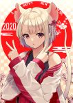  1girl 2020 animal_ears bangs bare_shoulders black_kimono checkered checkered_background cherry_blossoms chinese_zodiac commentary_request crossed_arms double_v ear_piercing egasumi eyebrows_visible_through_hair flower hair_ornament hakama hands_up happy_new_year jacket japanese_clothes kimono long_sleeves looking_at_viewer migimaki_(migi_mawashi) mouse_ears mouse_girl mouse_tail nengajou new_year off_shoulder open_clothes open_jacket original parted_lips piercing pink_flower red_eyes red_hakama short_hair sleeveless sleeveless_kimono sleeves_past_wrists solo tail tree_branch upper_body v v-shaped_eyebrows white_hair white_jacket year_of_the_rat 