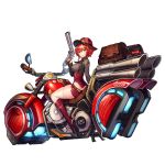  1girl badge boots full_body grin ground_vehicle gun hair_between_eyes handgun highres hover_bike iron_annie last_origin looking_at_viewer looking_back motor_vehicle motorcycle necktie official_art paintale red_hair revolver sidelocks smile solo tachi-e thighhighs transparent_background weapon white_legwear yellow_eyes 