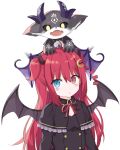  1girl bangs black_capelet black_dress black_wings blue_eyes capelet commentary_request crescent crescent_hair_ornament debidebi_debiru demon demon_girl demon_horns demon_wings dress eyebrows_visible_through_hair frilled_capelet frills hair_between_eyes hair_ornament heterochromia highres horns kuhotaka long_hair neck_ribbon nijisanji on_head red_eyes red_hair red_ribbon ribbon simple_background two_side_up upper_body very_long_hair virtual_youtuber white_background wings yuzuki_roa 