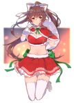  1girl alternate_costume arm_behind_back az_37331m bangs brown_hair capelet commentary crop_top doki_doki_literature_club eyebrows_visible_through_hair full_body fur_trim gloves green_eyes green_ribbon hair_between_eyes hair_ribbon high_heels highres long_hair looking_at_viewer midriff monika_(doki_doki_literature_club) ponytail ribbon sack santa_costume skirt smile solo thigh_gap thighhighs very_long_hair white_gloves white_legwear white_ribbon 