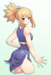  1girl 2019 absurdres armpits arms_up bangs blonde_hair blue_dress blue_sky blush bra breasts cleavage cloud cropped_legs dated day dr._stone dress eyebrows_visible_through_hair from_below from_side green_eyes groin hand_on_hip highres kohaku_(dr._stone) long_hair looking_back medium_breasts mochirong navel outdoors outstretched_hand parted_lips ponytail shiny shiny_clothes short_dress side_slit sidelocks sky sleeveless sleeveless_dress solo standing tied_hair underwear wading white_background white_bra 