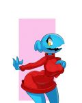  blue_body breasts clothed clothing female hi_res open_mouth red_clothing red_sweater red_topwear sollarian sweater topwear unknown_species yellow_eyes 