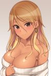  1girl ;) bare_shoulders blonde_hair blush breasts brown_eyes cleavage closed_mouth collar collarbone commentary_request dark_skin earrings eyebrows_visible_through_hair grey_background gyaru hair_between_eyes highres hiiragi_hajime hoop_earrings idolmaster idolmaster_shiny_colors izumi_mei jewelry kogal large_breasts long_hair long_sleeves off-shoulder_sweater off_shoulder one_eye_closed simple_background sleeves_past_wrists smile solo sweater upper_body white_sweater 