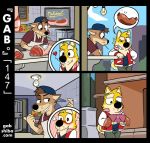  &lt;3 anthro backwards_baseball_cap baseball_cap blush butcher canid canine canis clothing comic domestic_dog duo food gab_shiba gabshiba hat headgear headwear humor innuendo male mammal meat misunderstanding one_eye_closed sausage shiba_inu spitz wink 