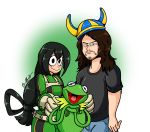  &gt;:( 1girl 2boys angry annoyed asui_tsuyu black_eyes black_shirt blush_stickers bodysuit boku_no_hero_academia brown_hair closed_mouth commentary crossover facial_hair frog frog_girl frown gloves green_background green_bodysuit green_hair hair_between_eyes hat joel_(vinesauce) kermit_the_frog long_hair looking_at_viewer multiple_boys muppets shiny shiny_clothes shiny_hair shirt shitforbrainschan short_sleeves simple_background smile standing trait_connection very_long_hair vinesauce white_background 