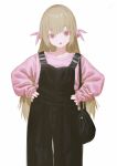  1girl bag black_bag black_overalls bunny_hair_ornament eyebrows_visible_through_hair hair_ornament hands_on_hips highres light_brown_hair long_hair long_sleeves looking_at_viewer natori_sana open_mouth overalls pink_shirt puffy_long_sleeves puffy_sleeves red_eyes reoen sana_channel shirt shoulder_bag simple_background solo very_long_hair virtual_youtuber white_background 