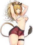  1girl animal_ear_fluff animal_ears arknights armpits arms_up black_nails blonde_hair boyshorts breasts commentary_request covered_nipples crop_top eyebrows_visible_through_hair hair_tie happymonk highres legs_together lion_ears lion_tail medium_breasts mouth_hold navel no_bra siege_(arknights) simple_background standing sweat tail tank_top thigh_strap underboob white_background white_tank_top yellow_eyes 