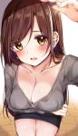  1girl bangs black_skirt blush breasts brown_eyes brown_hair cleavage collarbone commentary_request eyebrows_visible_through_hair highres large_breasts long_hair long_sleeves looking_at_viewer open_mouth original pencil_skirt rouka_(akatyann) skirt solo 