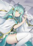  100 1girl absurdres aqua_hair bed_sheet breasts closed_mouth commentary_request fate/grand_order fate_(series) green_eyes hair_ornament highres horns japanese_clothes kiyohime_(fate/grand_order) long_hair long_sleeves looking_at_viewer lying medium_breasts obi on_side sash solo thighhighs thighs very_long_hair white_legwear wide_sleeves 